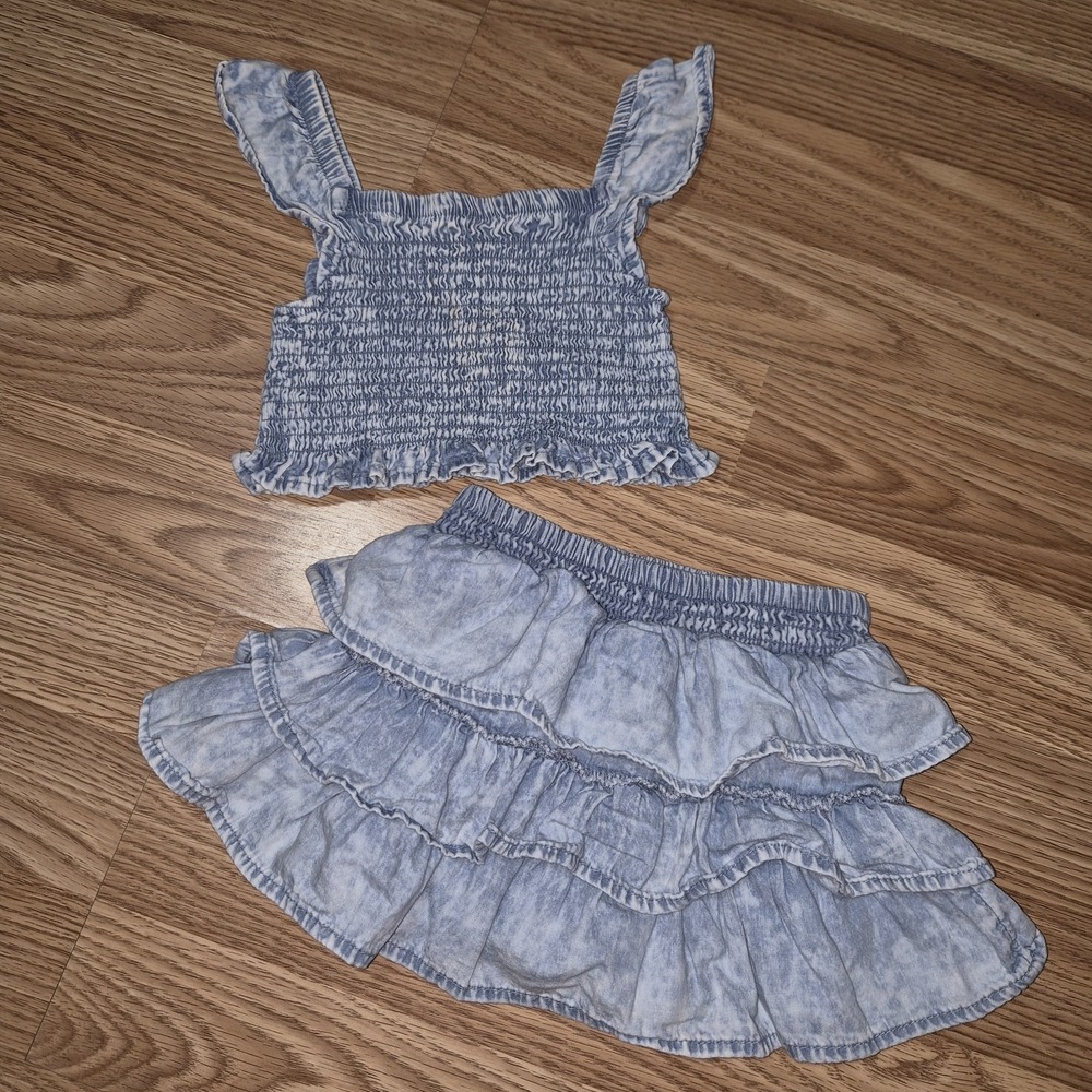 Wonder Nation Baby Girl 2 Piece Blue Tie Dye Smocked Top Ruffle Skirt Set 12/18M